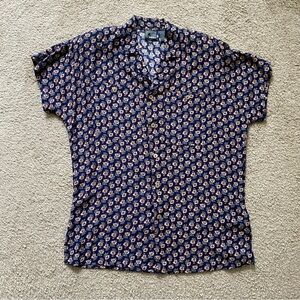 VTG ~ 1990s ~ Lizwear ~ Navy Tunic with Flowers ~ Notched Collar ~ Size S